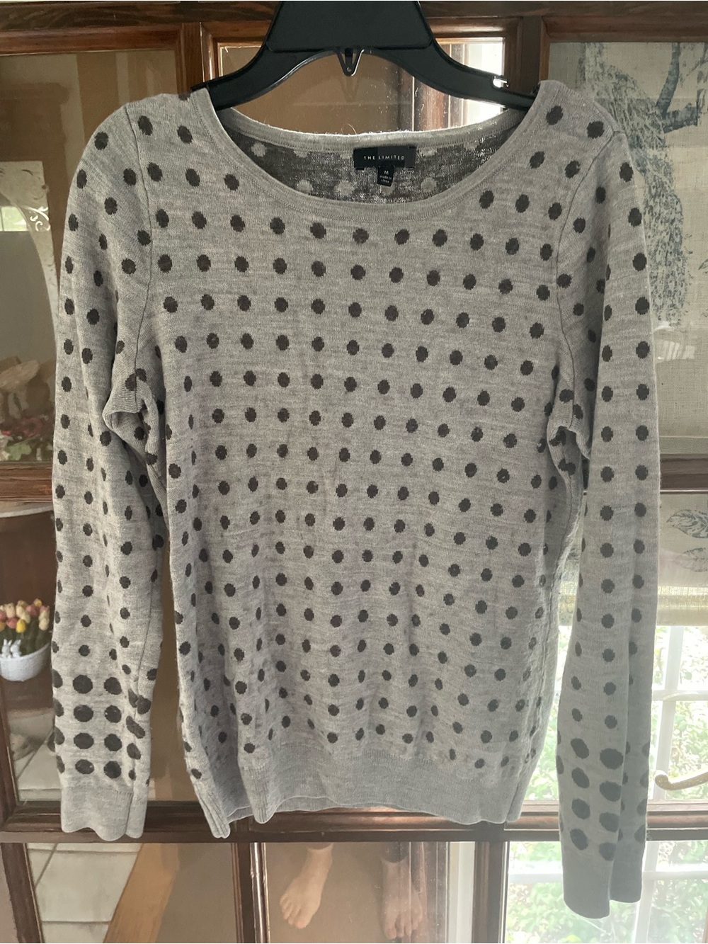 The Limited Gray Crewneck Sweater with Black Polka Dots